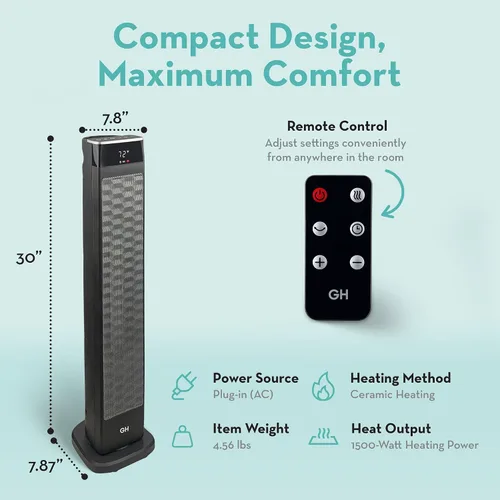 Vista 3 de Good Housekeeping, calefactor de torre oscilante de cerámica para espacio con control remoto, 30 pulgadas, Negro