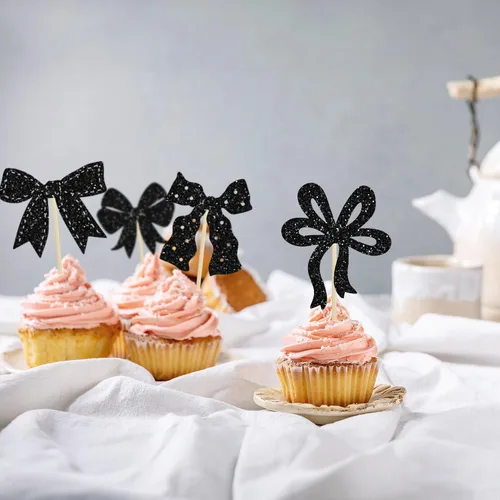 Vista 5 de Ephlyn 24 adornos para cupcakes con lazo para decoración de pastel de cumpleaños, decoración de fiesta de cumpleaños para niñas, decoración de Negro