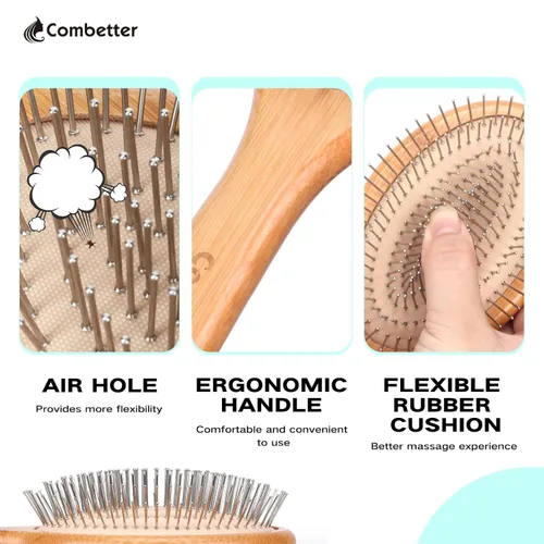 Vista 2 de Cepillo de pelo Combetter de bambú, para alisar el cabello y masajear el cuero cabelludo, cepillo desenredante antiestático, cepillo de madera