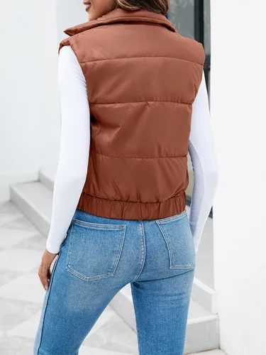Vista 4 de Fisoew Chaleco acolchado de piel sintética para mujer, cuello alto, con cremallera, sin mangas, para invierno