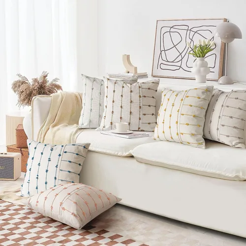 Vista 6 de Juego de 2 fundas de almohada decorativas de lino bohemio de 20 x 20 pulgadas, fundas de almohada modernas con textura de granja, funda de cojín a