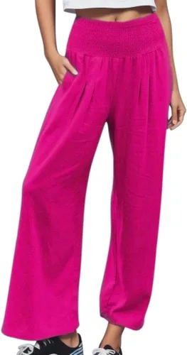 Vista 40 de SHAOBGE Pantalones palazzo de verano para mujer, cintura alta, pierna ancha, casual, cintura elástica, pantalones de playa con bolsillos