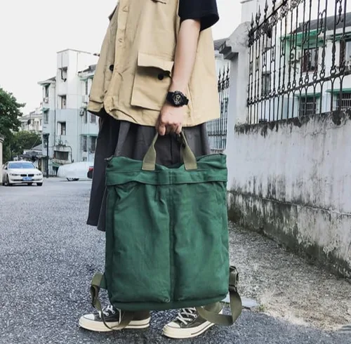 Vista 4 de Mochila de lona vintage para mujeres y hombres, bolsa de viaje casual de gran capacidad, de mezclilla, estilo grunge, senderismo, viajes (verde)