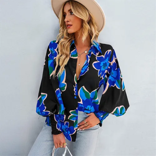 Vista 5 de AELSON Blusa de manga larga con cuello en V y estampado floral para mujer, estilo bohemio, con botones