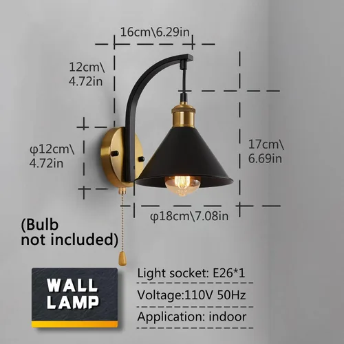 Vista 2 de Lightess Apliques de Pared Industriales con Interruptor de Cordón, Luz de Pared Montada Estilo Granja Negro, Accesorio de Iluminación de Pared