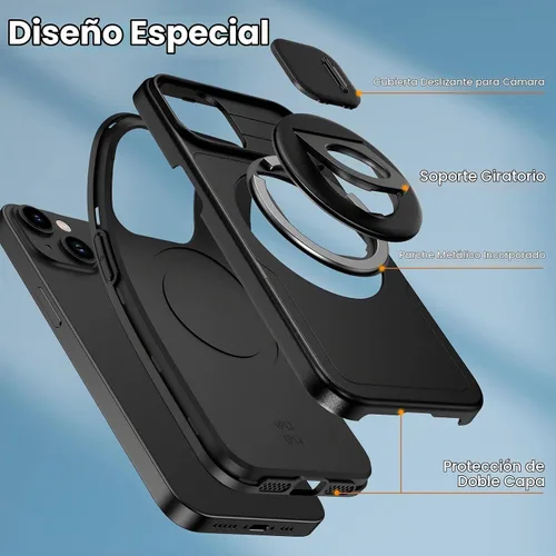 Vista 3 de VEGO - Funda para iPhone 13 con funda para cámara [compatible con MagSafe], color negro Funda para iPhone 14 incorporada con soporte de 360°