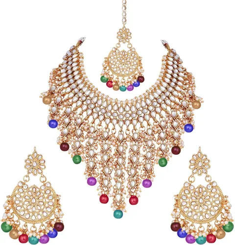Vista 14 de Aheli Elegant Wear - Gargantilla con tachuelas Kundan de imitación con juego de Maang Tikka Azul