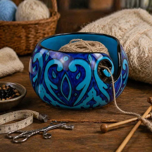 Vista 15 de Nagina International - Tazón de cerámica pintado a mano con hermoso diseño de gres con innovadora espiral para dispensar Accesorios para tejer