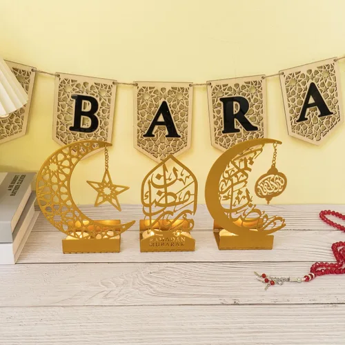 Vista 7 de 3 piezas de decoración de Ramadán de metal dorado para el hogar 2026, letrero de Eid Mubarak Kareem, centro de mesa islámico, decoración