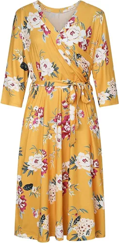 Vista 3 de Pink Queen - Vestido talla extragrande con estampado floral para mujer diseño envolvente falso con cinturón mangas 34