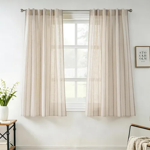 Vista 60 de DriftAway Cortinas de estilo granja con rayas verticales de lino mezclado texturizado con filtro de luz semitransparente para sala de estar