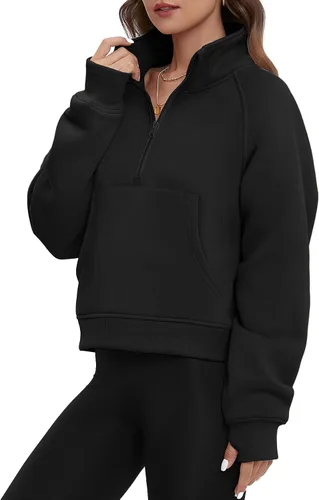 Vista 2 de ATHMILE Sudaderas para mujer, sudaderas cortas con capucha y media cremallera, forro polar, suéter con cremallera de un cuarto, suéter de moda