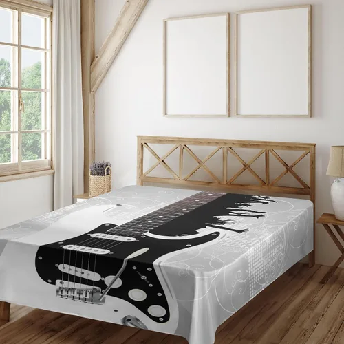 Vista 2 de Ambesonne Sábana encimera de guitarra, diseño contemporáneo de siluetas de personas, fiestas con detalles curvos, suave y cómoda, 1 pieza