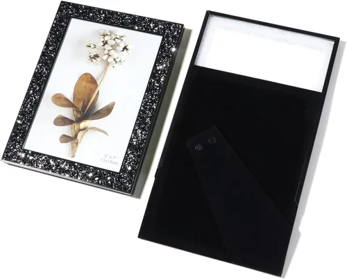 Vista 5 de Portarretratos de 5 x 7 pulgadas, color negro (6 x 8 pulgadas), metal, purpurina, parte trasera de caballete, exhibición de fotos para escritorio