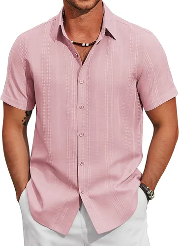 Vista 15 de COOFANDY Camisas casuales con botones para hombre, de manga corta, para verano, playa, texturizadas