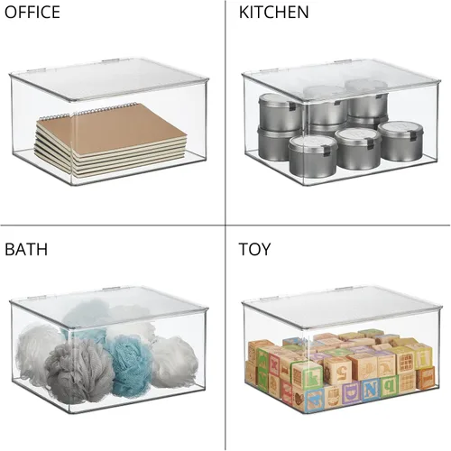 Vista 7 de mDesign Caja apilable de plástico con tapa con bisagras para cocina, despensa, armario, nevera/congelador, caja organizadora ancha para aperitivos