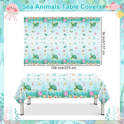 Vista 2 de Preboun Mantel de tortuga oceánica, 3 piezas de plástico desechables rectangulares de 54 x 108 pulgadas, resistente a las manchas, impermeable