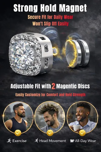 Vista 3 de Aretes magnéticos para hombre con circonita cúbica 5A de acero inoxidable plata-estilo 1