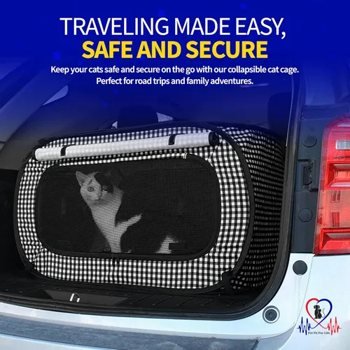 Vista 2 de Pet Fit For Life Transportador de gatos extra grande para viajes, plegable y portátil, plegable, con caja de arena, juguete de plumas y cuenco
