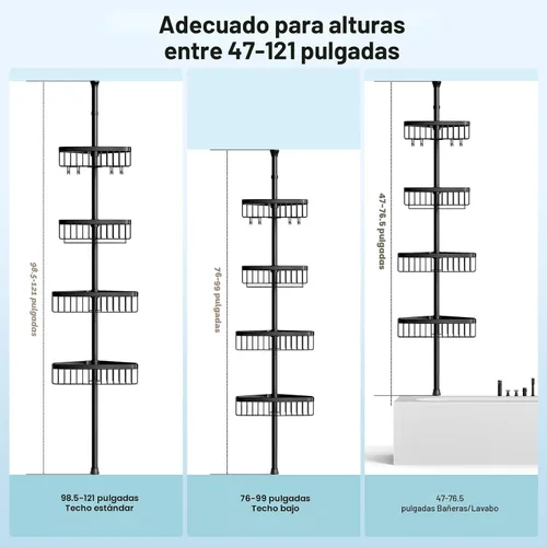 Vista 2 de Organizador de Ducha de Esquina con Barra de Tensión: Organizador Ajustable a Prueba de Óxido de 4 Niveles para el Interior del Baño - 120-307 cm