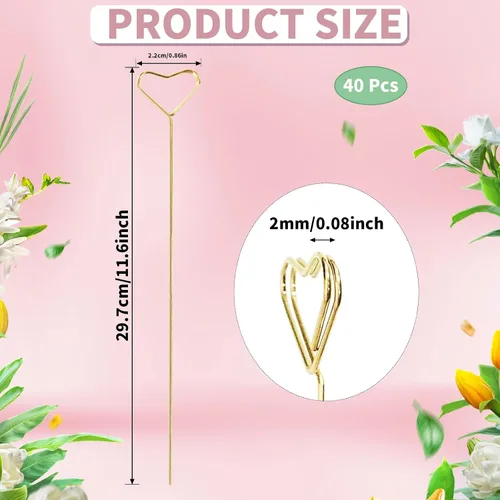 Vista 2 de 40 púas para tarjetas florales, soportes para fotos de corazón, palillo de púas para fotos, soporte para tarjetas de lugar floral dorado, clips