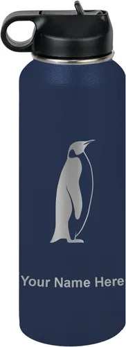 Vista 67 de LaserGram Botella de agua personalizada, pingüino, acero inoxidable de doble pared aislada al vacío con popote superior, regalo grabado