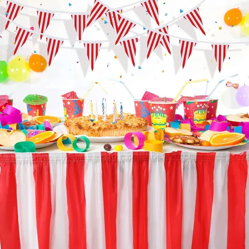 Vista 5 de Tegeme Paquete de 15 faldas de mesa de carnaval a rayas rojas y blancas, 165 x 30 pulgadas, manteles desechables de carnaval con banderines a rayas