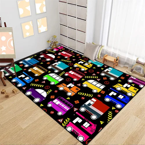 Vista 17 de Alfombra de construcción – Alfombras de construcción para habitación de niños, divertido diseño de camión de dibujos animados, alfombra de coche