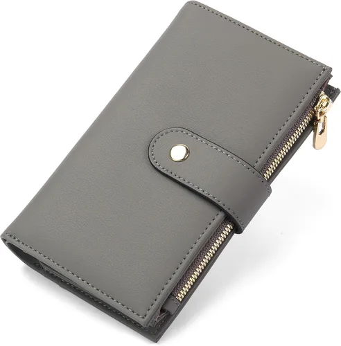 Vista 25 de yiijay Cartera para mujer con bloqueo RFID, de cuero vegano, triple pliegue, tarjetero para tarjetas de crédito, cartera de viaje con soporte