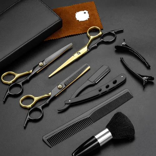 Vista 8 de Juego de 11 tijeras profesionales para el cabello, suministros de peluquería de acero inoxidable, incluyendo tijeras rectas, tijeras para adelgazar