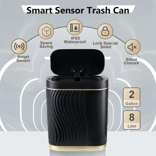 Vista 4 de SYNCVIBE Cubo de basura pequeño de 2 galones con sensor negro con tapa, cubo de basura automático de plástico, cubo de basura delgado con sensor