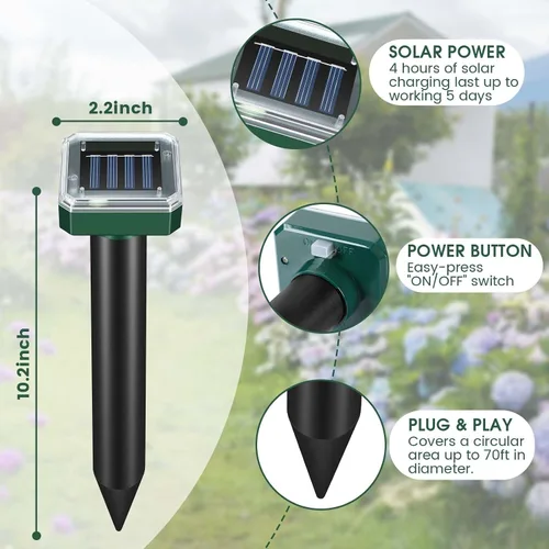 Vista 6 de Mole Repellent Solar Powered, 8-Pack Ultrasonic Repeller Outdoor Yard and Garden, Get Rid of Moles Gopher Vole Groundhog Snake Chipmunk, Waterproof
