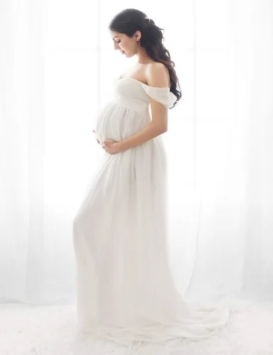 Vista 4 de JustVH Vestidos de maternidad para sesión de fotos con hombros descubiertos, vestido de encaje de gasa, con abertura frontal, maxi vestidos