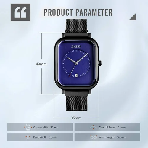 Vista 6 de SKMEI Reloj de pulsera para hombres y mujeres, reloj analógico de cuarzo impermeable a la moda con fecha de hora, esfera rectangular, reloj de mano