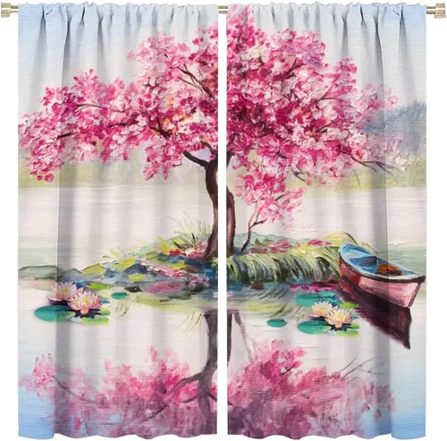 Vista 27 de Cortinas opacas con diseño floral de galaxia azul abstracta para dormitorio, cortinas de ventana de teñido anudado con diseño de flor de cerezo