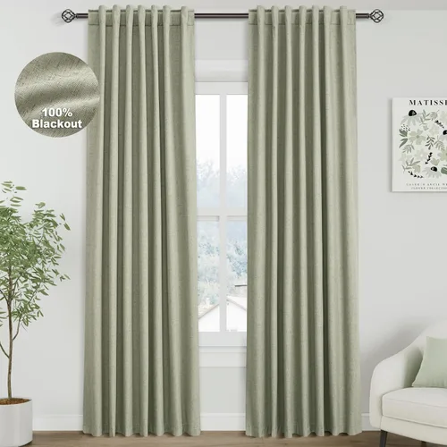 Vista 34 de Nanspring Cortinas de lino 100% opacas para dormitorio, 96 pulgadas de largo, con pestaña trasera, bolsillo para barra, aislamiento térmico, cortina