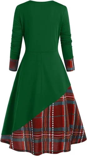 Vista 3 de Vestido de Halloween para mujer 2022 con lazo estampado de pachwork de manga larga con cuello redondo y botones