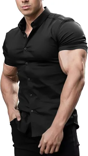 Vista 3 de Casual Men's Muscle Fit Dress Shirts Short Sleeve Athletic Fit Button Down Shirts