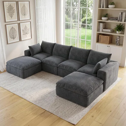 Vista 12 de 118" Cloud Couch Oversized Modular Sectional Sofa, Boneless L-Shaped 6 Seater Deep Seat Couch with Ottoman, Soft Corduroy Upholstery, DIY Negro