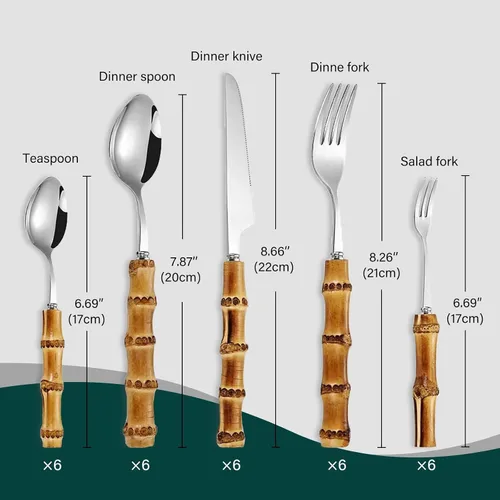 Vista 8 de Juego de cubiertos de bambú de 30 piezas, utensilios de cocina para el hogar, juegos de cubiertos de bambú para 6, juegos de cubiertos con mango