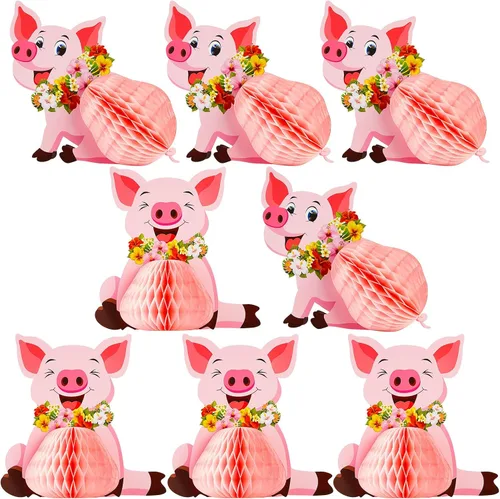 Vista 8 de Zonon 4 piezas de decoración de fiesta de cerdo Luau, centros de mesa de tejidos, cerdo rosa, animales de granja, decoraciones para cumpleaños