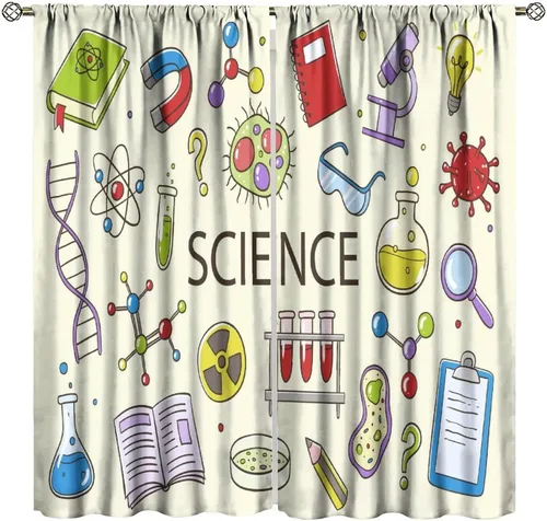Vista 13 de Cortinas opacas para ventanas de ciencia para niños, lupa de libro de laboratorio de ciencia, lupa, frascos moleculares, cortinas impresas