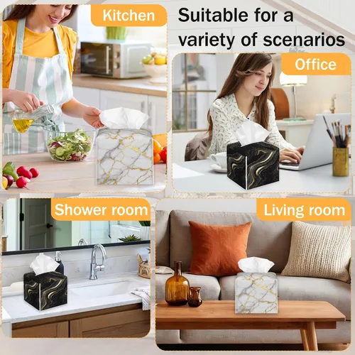 Vista 7 de Caja de pañuelos cuadrada de mármol negro y blanco y dorado, 2 unidades, organizador de servilletas para dormitorio, oficina, baño, decoración