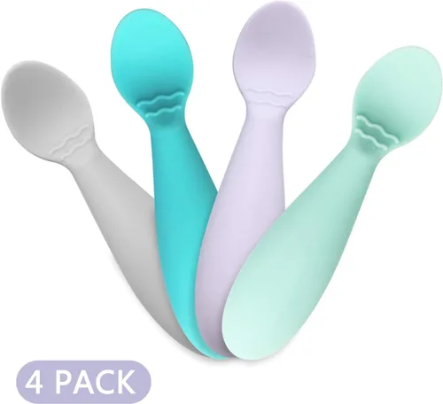 Vista 4 de PandaEar Cucharas para bebés sin BPA, paquete de 4, silicona suave, utensilio de mango de grasa de alimentación automática