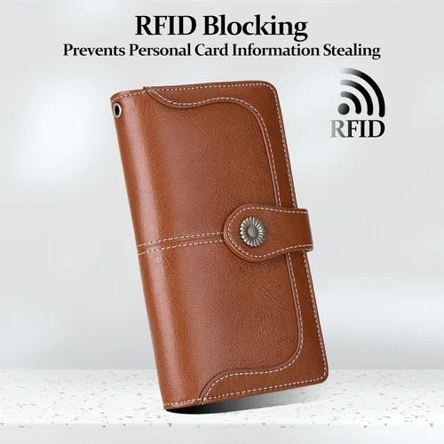 Vista 3 de FALAN MULE Cartera de cuero para mujer, de gran capacidad, bifold, con bloqueo RFID, tarjetero con bolsillo para monedas con cremallera