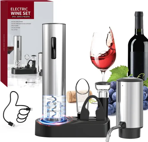 Vista 8 de CIRCLE JOY Abrevino eléctrico recargable 5 en 1 acero inoxidable juego de regalo de vino con cortador de aluminio, vertedor aireador de vino, anillo