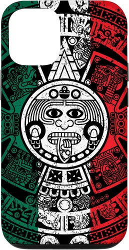Vista 28 de Funda para iPhone 17 con calendario maya azteca con diseño de piedra solar envejecida de la bandera de México