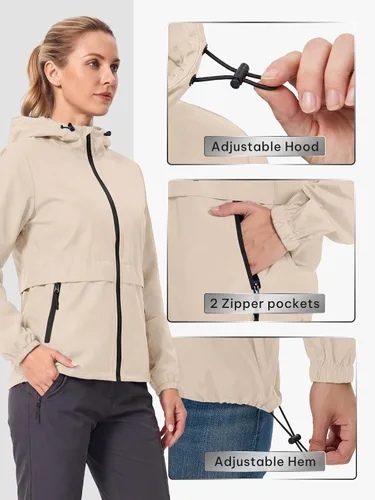 Vista 4 de Chaqueta ligera de lluvia para mujer, impermeable y transpirable, chaqueta con capucha plegable, cortavientos con capucha Beige