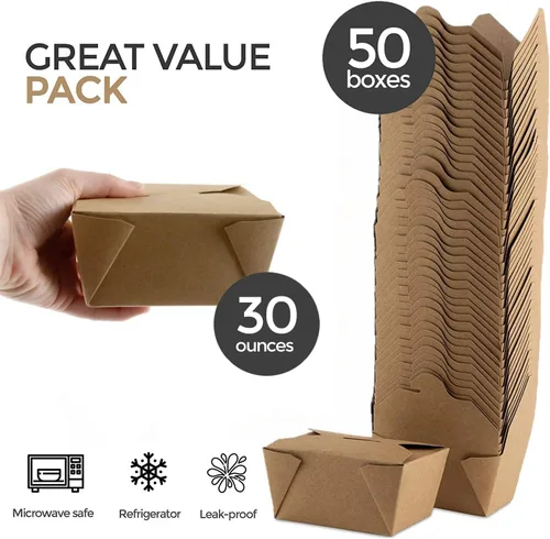 Vista 2 de Stock Your Home Recipientes de comida para llevar para microondas, cajas de papel kraft marrón para llevar de 30 onzas (paquete de 50) resistentes a