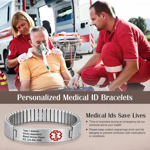 Vista 2 de Jewelstruck Pulsera de alerta médica de 7.5 a 9.8 pulgadas para mujeres y hombres, pulsera médica de emergencia, pulsera de identificación